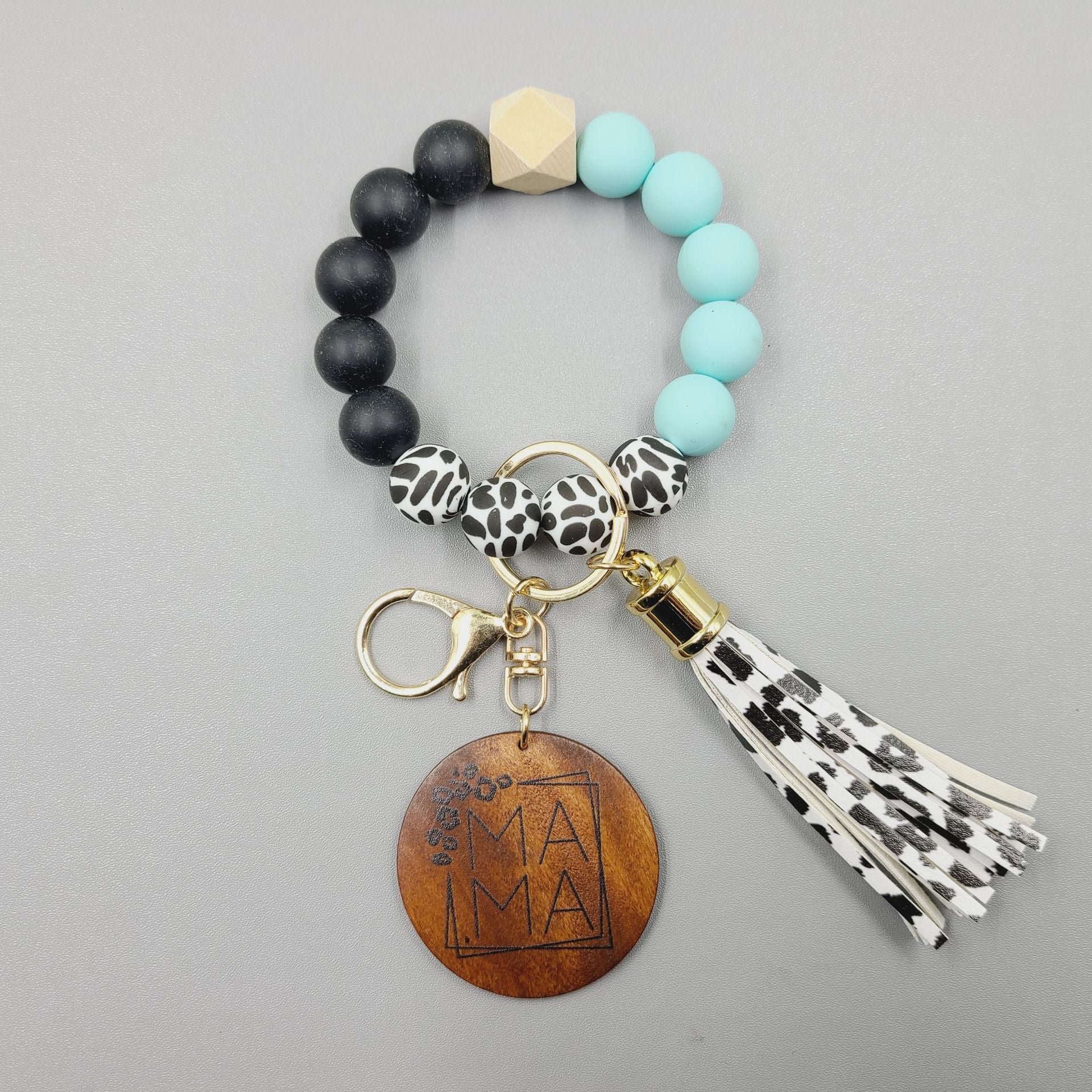 Wholesale 5pcs/pack MAMA Wooden Brand Cow Pattern Silicone Beaded Wrist Keychain